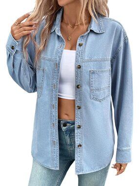 Women's Sky Blue Oversized Long Sleeve Button Down Blouse Top V Neck Denim Shirt